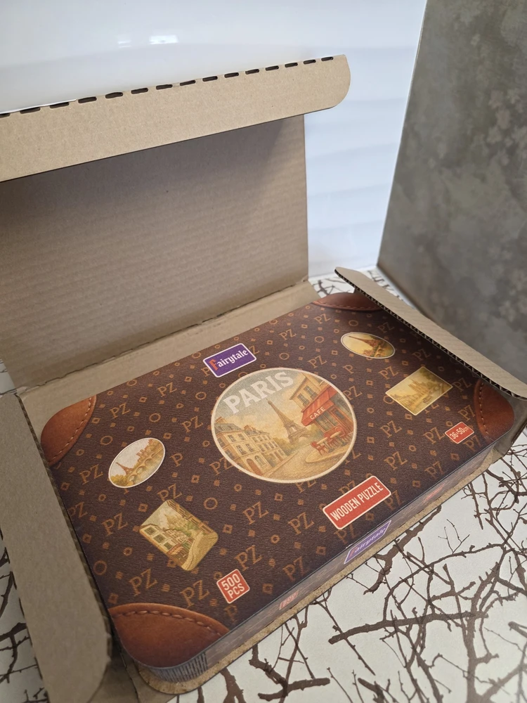 Деревянный пазл в чемодане - подарочная упаковка